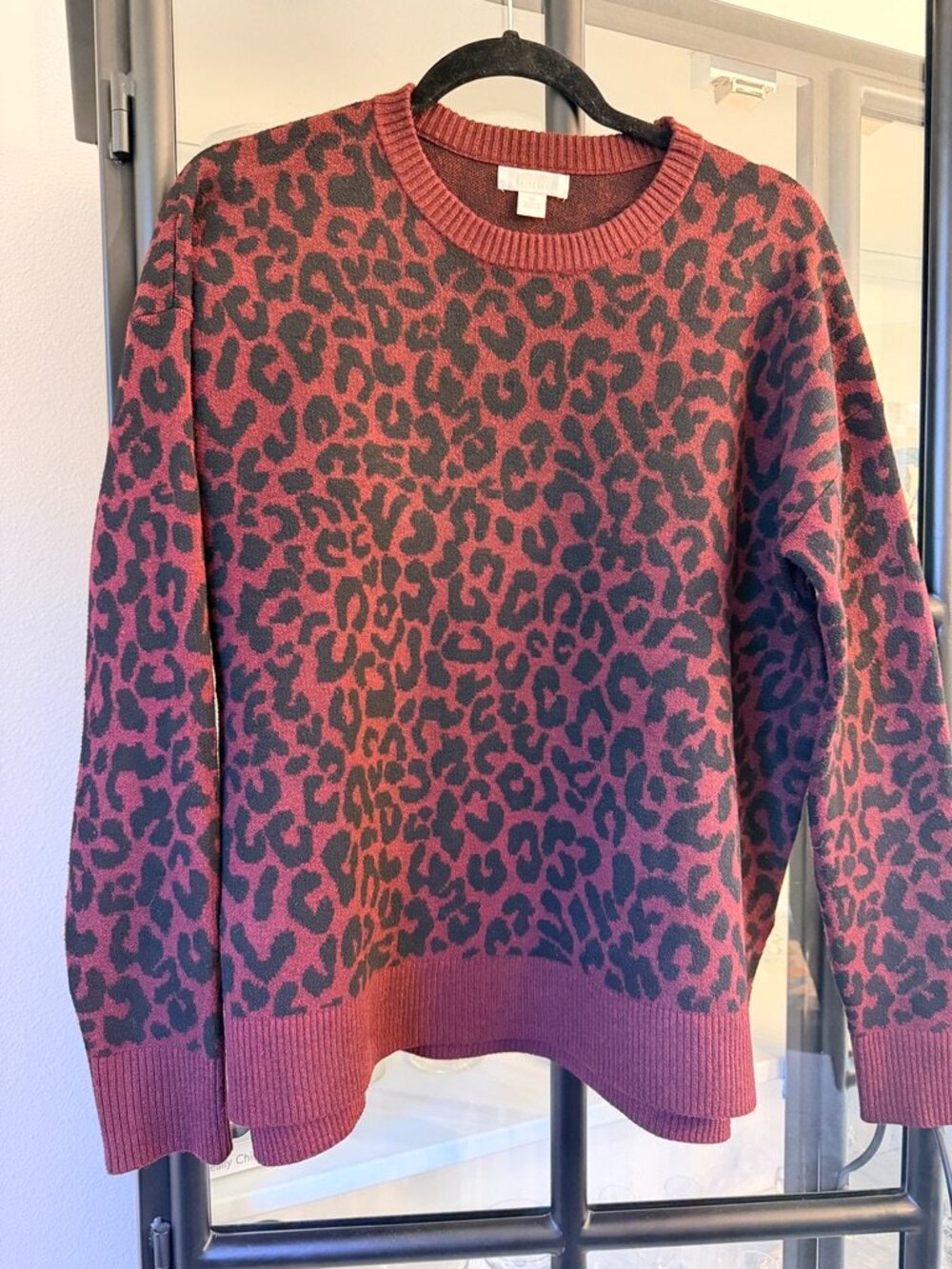 Nordstrom Rack Burgundy Black Leopard Print Jacquard Crewneck Sweater S